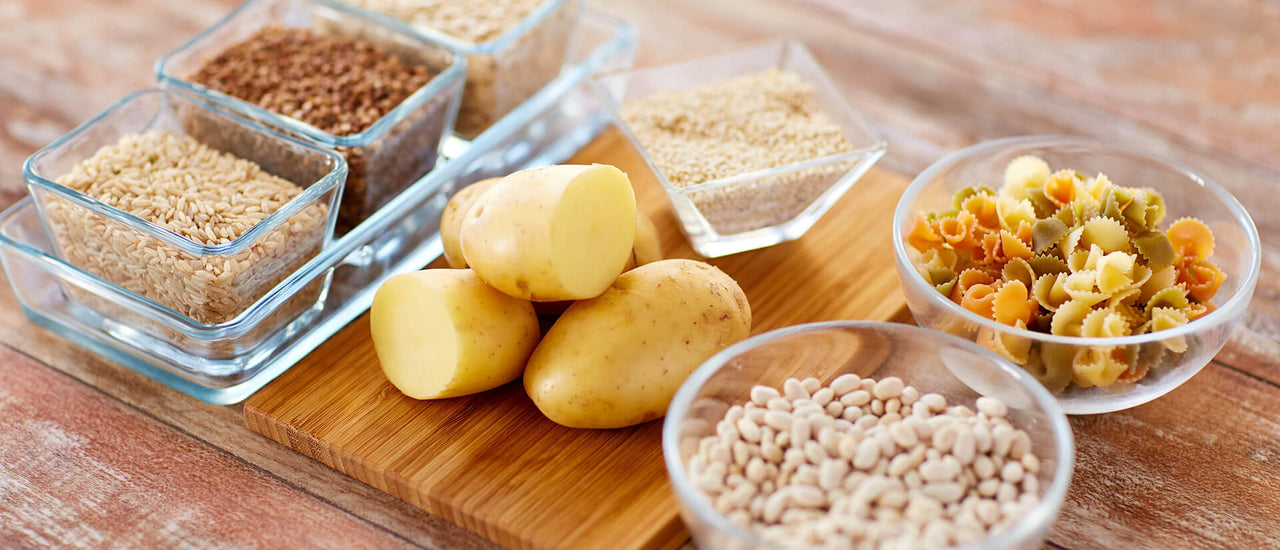 A selection of carbs on a chopping board